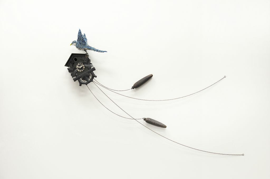 Usurped (2012) 45 x 63 x 8
inches. Balsa, bass wood, ink, acrylic paint, clock